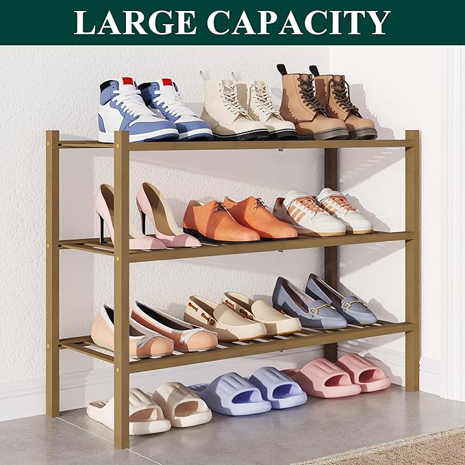 Smiry Bamboo Shoe Rack for Closet, 3 Tier Wooden Stackable Shoe Organizer, Free Standing Shoes Storage Shelf for Entryway, Front Door Entrance, Walnut