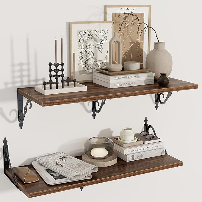 Deep Floating Shelves, 31" W x 12" D Wall Shelves Set of 2, Wide Display Shelf Wall Mounted with Brackets, Bookshelf for Living Room, Bathroom, Bedroom, Walnut