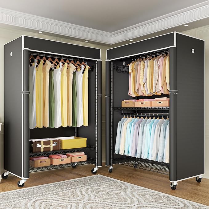 FUTASSI Black Clothing Rack with Black Cover, P1C Plus Rolling Closet with Wheels, Metal Garment Rack for Hanging Clothes, Clothing Storage Wardrobe, 46" W x 18.5" D x 80.7" H, Load 524 Pounds