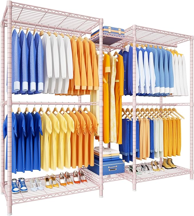 Ulif E12 Clothes Rack，Heavy Duty Freestanding Garment Rack with Shelves，Metal Clothing Closet Storage System for Hanging Clothes，71" W x 16" D x 76.5" H, Hold 960 lbs，Pink