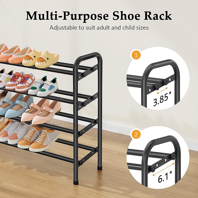 4 Tier Shoe Rack for Closet,Shoe Organizer, 28“ Metal Shelf Can Expandable to 42“, for Bedroom, Entryway, Living Room, Garage, Adjustable to 24 Pairs Shoes, Black