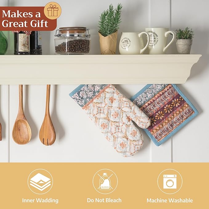 Maison d' Hermine 100% Cotton Oven Mitt & Pot Holder Set (7.5"x13" & 8"x8") Heat Resistant BBQ Cooking Gloves with Loop for Thanksgiving Christmas Decorations Handling Hot Pans (Fair Isle)