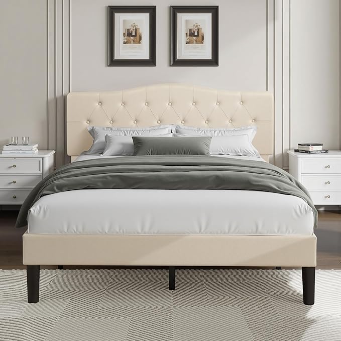 VECELO Queen Size Bed Frame Upholstered Platform with Tufted Adjustable Headboard/Mattress Foundation with Wood Slat Support, Easy Assembly,Beige