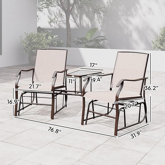Outsunny Outdoor Glider Chairs with Coffee Table, Patio 2-Seat Rocking Chair Swing Loveseat with Breathable Sling for Backyard, Garden, and Porch, Beige