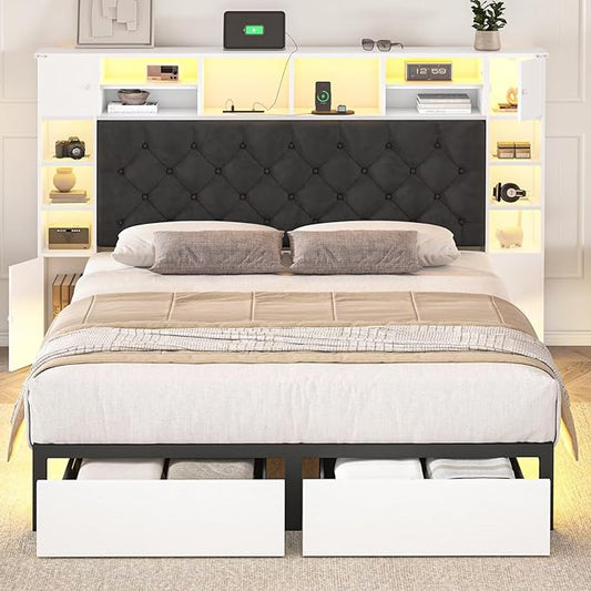 Queen Bed Frame with Bookcase Headboard and Storage Drawers, 51.2" Metal Platform Queen Size Bed Frame with Charging Station and LED Lights, Velvet Upholstered Tufted Bed Frames, White