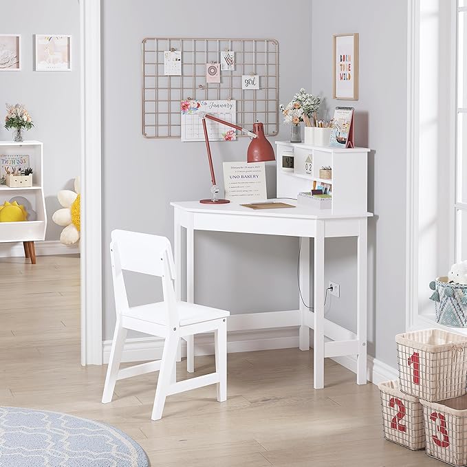 UTEX Kids Desk, Kids Corner Desk and Chair Set, Children Study Table with Storage and Hutch for Home School Use, White