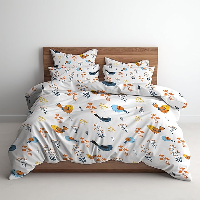 1000 Thread Count 100% Egyptian Cotton Printed Duvet Cover Set of 3 Queen Size Bird Print True Luxury Quality Super Soft Comfy All Season (White)