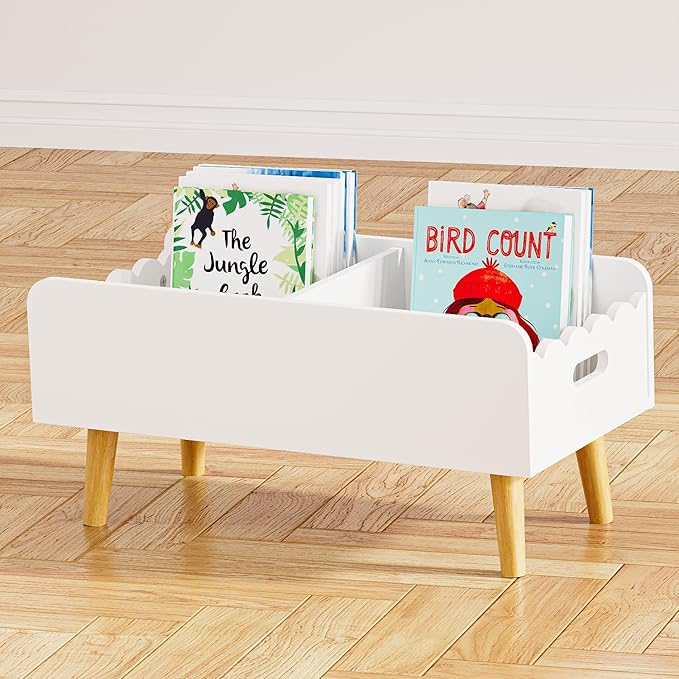 GRANTLEY Montessori Kids Bookshelf for Toddler - Wooden Book Shelf for Kids Rooms, Little Low Book Basket with Dividers, Floor Book Caddy, Minimalist Mobile Bookcase for Classroom Nursery