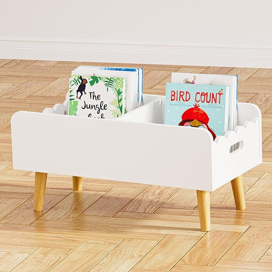 GRANTLEY Montessori Kids Bookshelf for Toddler - Wooden Book Shelf for Kids Rooms, Little Low Book Basket with Dividers, Floor Book Caddy, Minimalist Mobile Bookcase for Classroom Nursery