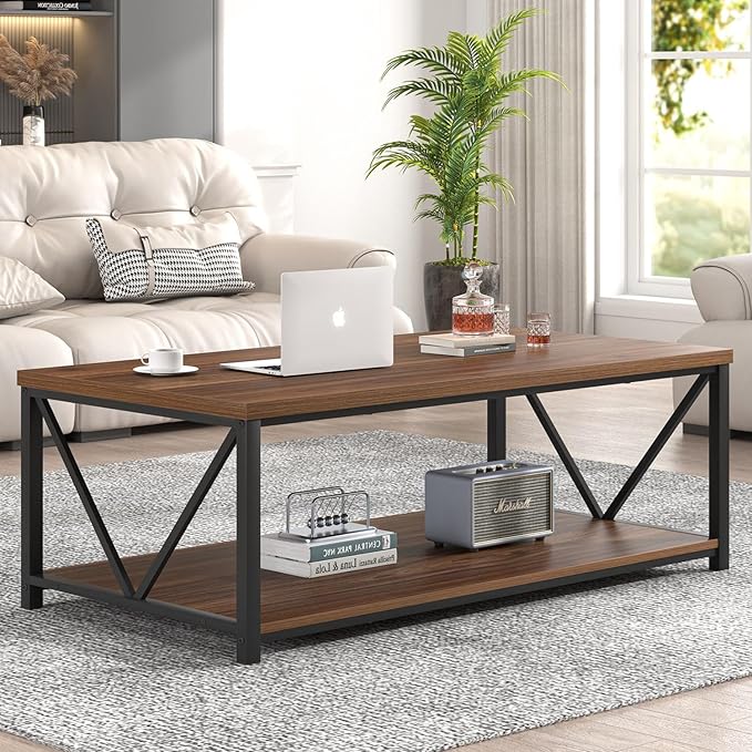 FOLUBAN Modern Coffee Table, Wood and Metal Center Table with Storage, Industrial Cocktail Table for Living Room, Rustic Walnut, 47 Inch