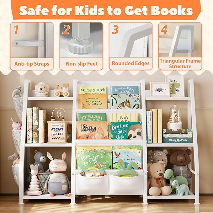 Kids Bookshelf Large Storage Bookcase: 3-Tier White Book Sling Shelf Toy Organizer for Toddler - Display Rack with 3 Pockets for Kids Rooms, Bedroom, Playroom, Nursery (Wood + Metal)