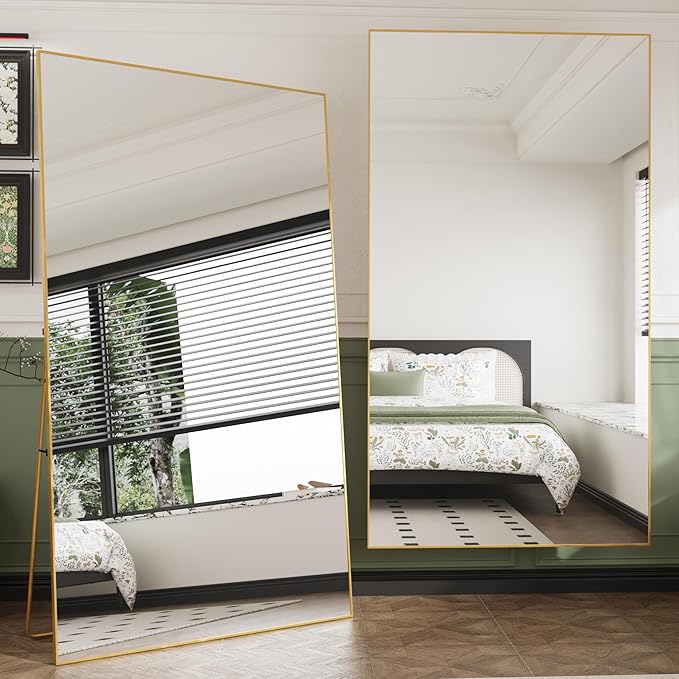 FANYUSHOW Full Length Mirror with Stand 70"x31",Floor Standing Aluminum Frame for Living Room,Tempered Glass Floor Mirror,Simple Home Decor,Wall Decor for Bedroom & Bathroom,Full Body Mirror,Gold