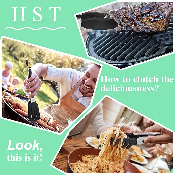 HST Tongs for Cooking with Silicone Tips(3 Pack), Non Stick Kitchen Tongs with Silicone Tip for Cooking BBQ Baking (12", Black)