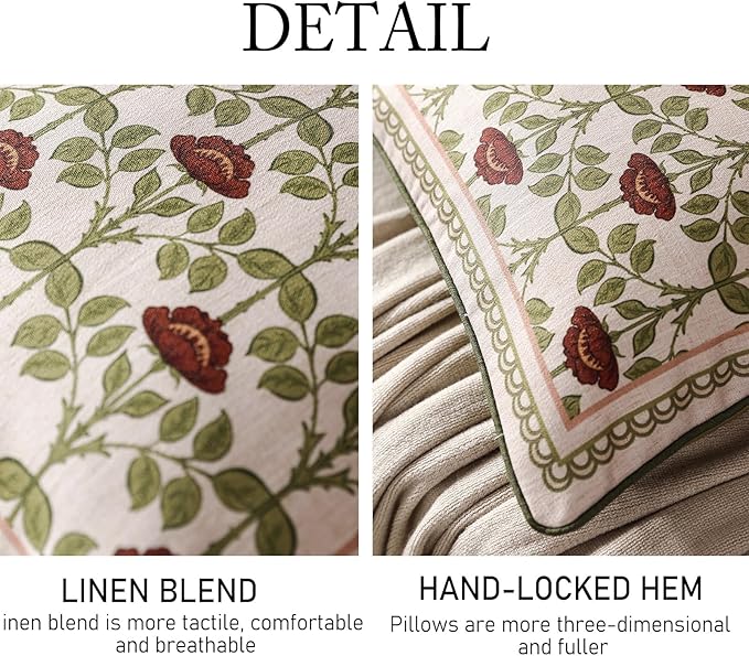 Design Linen Square Throw Pillow Covers 18"x18" Pack of 2, Yellow Green French Cushion Covers with Red Rose Floral Pattern Decoration Pillowcases for Bed, Living Room, Outdoor, Car