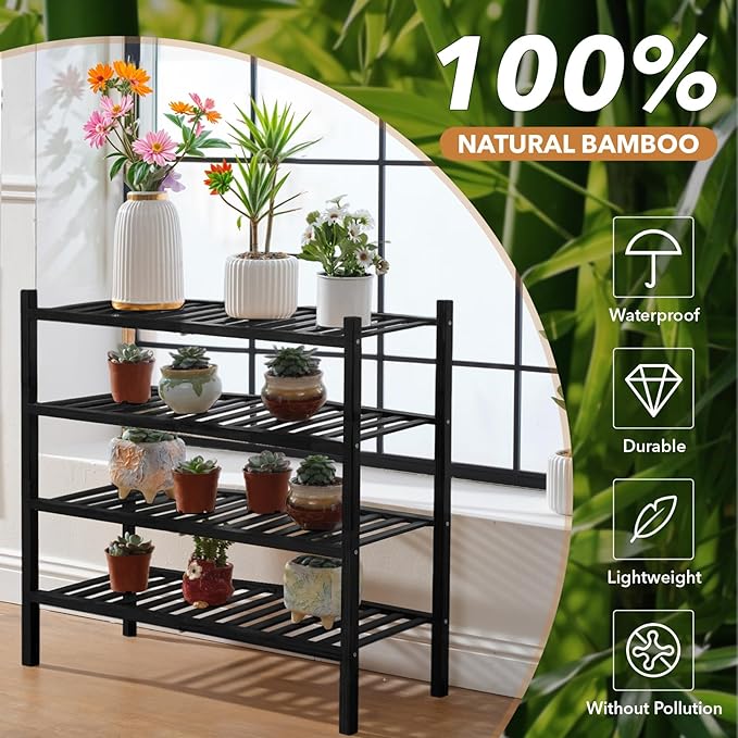 4 Tier Bamboo Shoe Rack Storage Organizer for Closet, Multifunctional Stackable Free Standing Shoe Shelf Organizer for Small Space,Entryway, Hallway, Bathroom27 x11 x26(Black, 4 Tier)