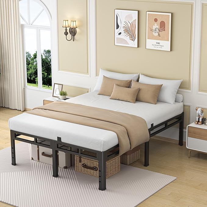 NKZ 22 Inch Full Size Bed Frame, Metal Bed Frame & Box Spring 2 in 1 Platform with Round Corner Legs, 4000Lbs Heavy Duty Metal Frame, Mattress Slide Stopper, Headboard Hole, Noise-Free, Easy Assembly