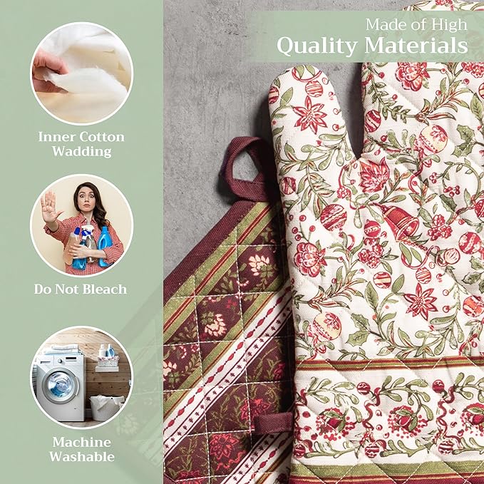 Maison d' Hermine 100% Cotton Oven Mitt & Pot Holder Set (7.5"x13" & 8"x8") Heat Resistant BBQ Cooking Gloves with Loop for Thanksgiving Christmas Decorations Handling Hot Pans (Reveillon Au Jardin)