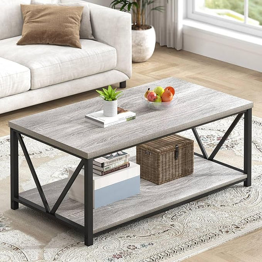 FOLUBAN Modern Coffee Table, Rustic Wood and Metal Center Table with Storage Shelf, Industrial Cocktail Table for Living Room, Light Grey, 39 Inch