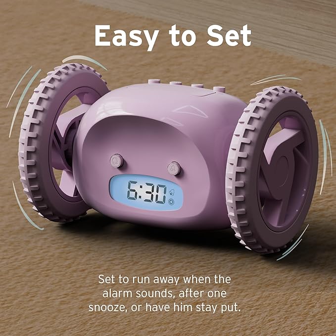 CLOCKY Extra Loud Alarm Clock for Heavy Sleepers on Wheels Rolls Runs Away Vibrating, Easy To Set Super Smart Snooze Digital Bed Shaker Alarm Clock Funny Gift for Adults Kids Teens Bedrooms (Lavender)