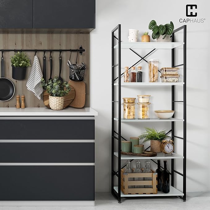 CAPHAUS 5 Tier Bookshelf, 24 Inch Width Free Standing Shelf, Bookcase Shelf Storage Organizer, Industrial Book Shelves for Home Office, Living Room, Kitchen, White Shelves & Metal Frame