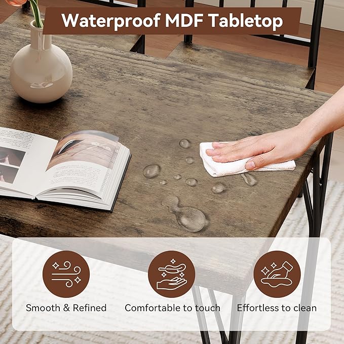 Kitchen Dining Table Set for 4, 5-Piece Kitchen Table Set with 1.6“ Thick Tabletop,Dining Room Table Sets,Kitchen Table Set with 4 Chairs for Small Space, Dinette,Apartment,Retro Brown