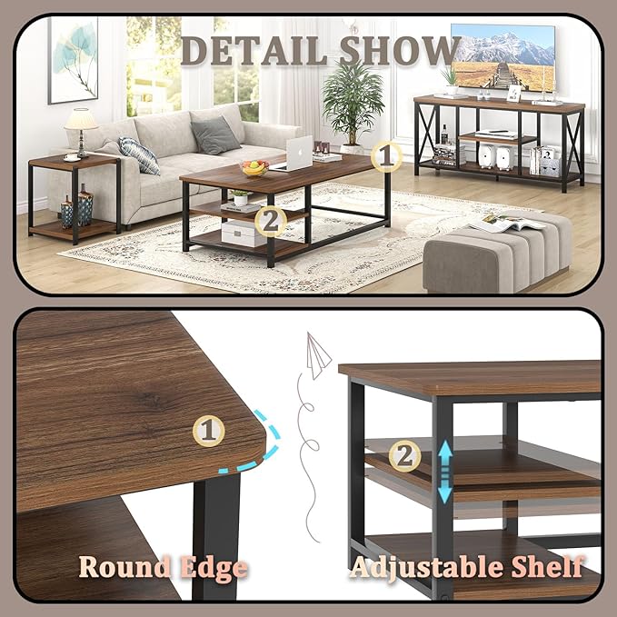 EXCEFUR Modern Coffee Table, Rustic Wood and Metal Center Table for Living Room, Industrial Rectangle Cocktail Tea Table with Storage Shelf, Walnut, 47 Inch