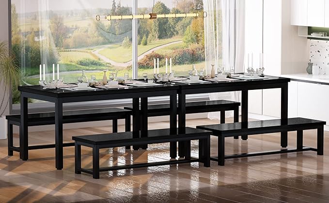 AWQM Dining Table Set for 4, Kitchen Dining Table with 2 Benches, Dining Room Table Set with Metal Frame & Thickened Board for Kitchen, Restaurant, Black, 43'' Breakfast Table Set (A006-11H2-L)