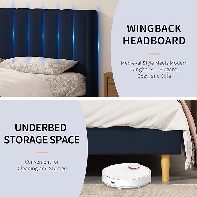 Queen Size Upholstered Platform Bed Frame with Modern Wingback & Vertical Panel Headboard, Linen Fabric, Wooden Legs & Slats Support, No Box Spring Needed, Noise-Free & Easy Assembly, Dark Blue