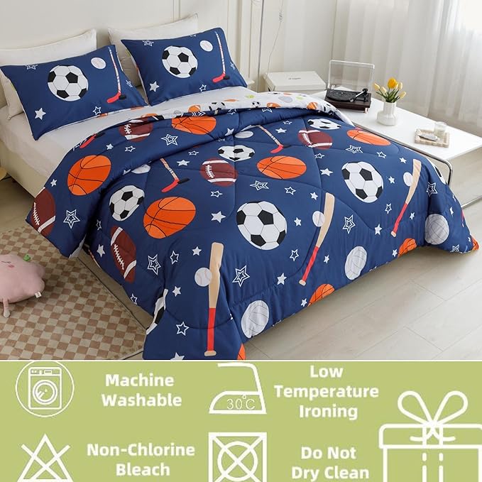 RYNGHIPY Kids Sports Theme Bedding Set, Basketball Football Baseball Tennis Print Comforter Set for Teens Boys Girls, Super Soft Lightweight (Balls,Full)