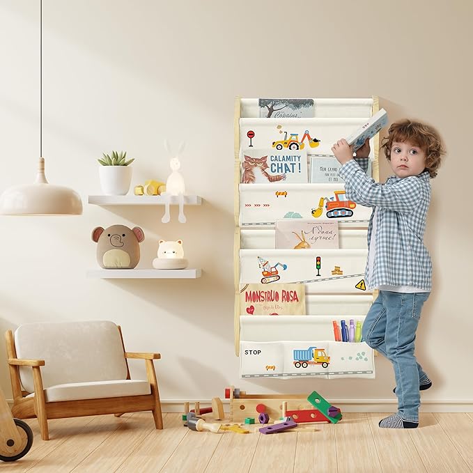 Wooden Wall Mounted Bookshelf for Kids Rooms, 4 Tier Floating Nursery Book Shelf, Kids Bookshelf with 2 Pockets, Toddler Sling Book Rack with Deep Sleeves (Excavator)