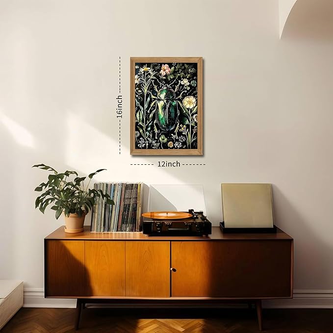 Framed Vintage 3D Textured Wall Art - Gothic Dark College Beetle Wall Decor - Hand Drawn Sandstone Nature Botanical Pictures for Living Room Bedroom Home Decor 12x16in