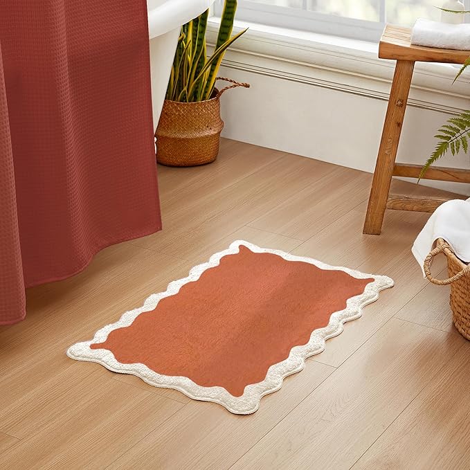 MONDAY MOOSE Bath Mat with Scalloped Wavy Ripple Design, Microfiber Absorbent Non Slip Tufted Rug for Floor, Shower or Kitchen (20x32 inch, Terracotta)
