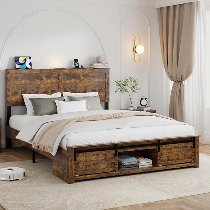 Queen Size Bed Frame with Wood Headboard, Wooden Platform Bedframe with Sliding Barn Door Footboard and Charging Station Easy Assembly, No Box Spring Needed (Brown, Queen)