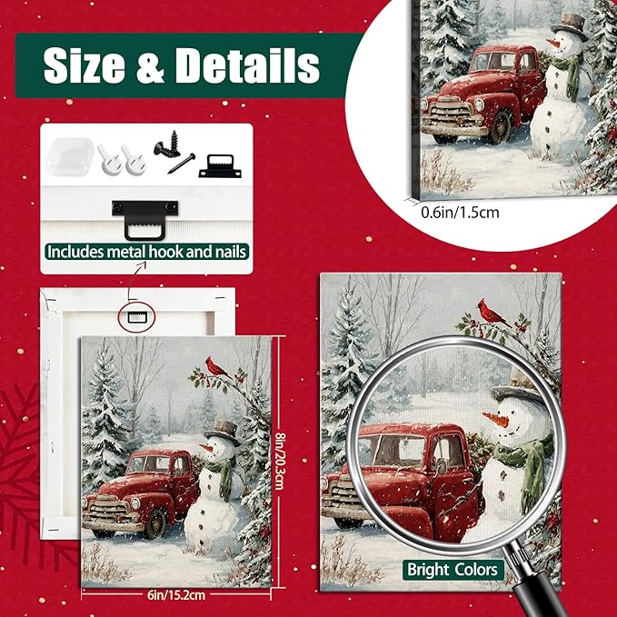 Christmas Snowman & Red Truck Canvas Wall Art - Rustic Winter Scene Framed Picture for Modern Farmhouse Home, Festive Christmas Wall Decor, Perfect Christmas Gifts & Holiday Decorations