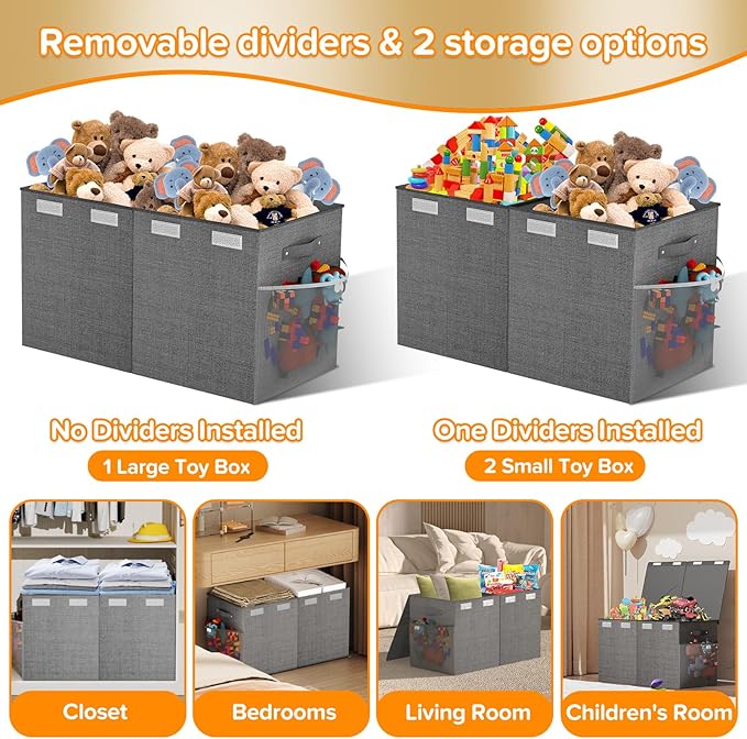 Large Toy Box Chest, Collapsible Sturdy Toy Storage Organizer Boxes Bins Baskets Dinosaur Kids Toy Chest Bin with Lids for Boys Girls Living Room Playroom Bedroom Nursery 25"x14"x16" Gray