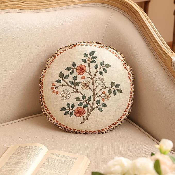 Design Linen Classic Throw Pillow Covers Diameter 16" Pack of 2, French Farmhouse Round Cushion Covers with Orange White Floral Pattern Decor Pillowcases for Bed,Living Room,Outdoor,Car