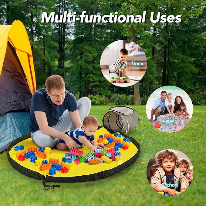 Toy Storage Basket with Slide and Large Play Mat for Boys and Girls Building Blocks Organizer, Foldable Fabric Storage Container Basket Bin Kids Toy Box with Rug for Boy Playroom Organization