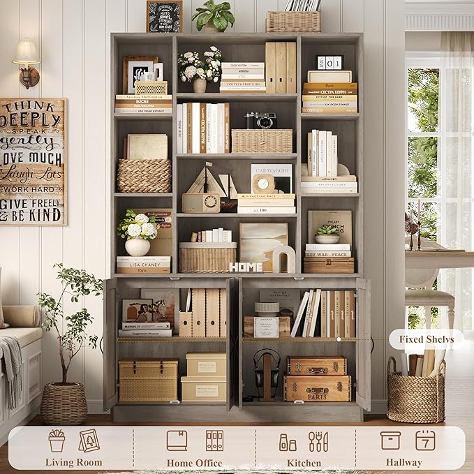HOSTACK 75” Tall Book Shelf and Bookcase, Bookshelf with Storage Cabinet, 47” Wide Bookcase with 4 Doors, Standing Display Shelves, Modern Farmhouse Book Case for Living Room, Home Office, Ash Grey