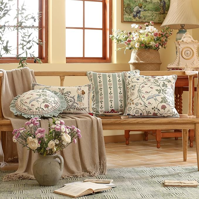 Throw Pillow Covers Pack of 4,Green Cozy Velvet Farmhouse with Birds and Floral Pattern Pillowcases,Decoration Square Round Lumbar Pillows Cushion Covers for Couch Sofa Bed Car Chair