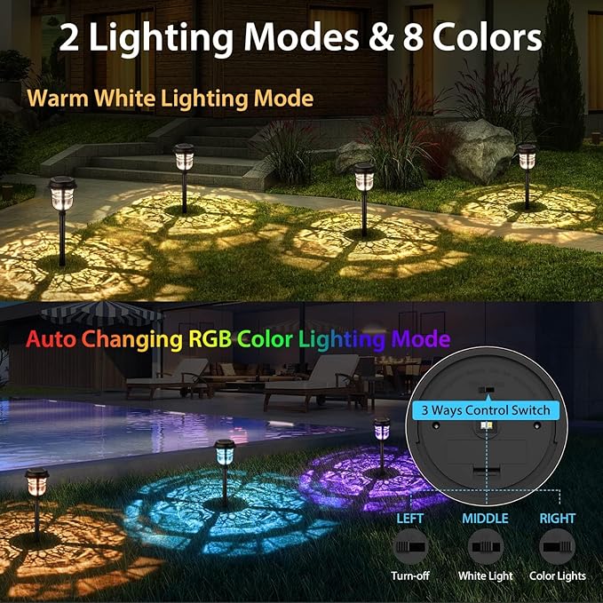 XMCOSY+ Solar Pathway Lights Outdoor 6 Pack, 2 Lighting Modes Warm White & RGB Auto Color Changing LED Solar Powered Garden Lights IP65 Waterproof for Yard Walkway Driveway Landscape Lawn Decorative