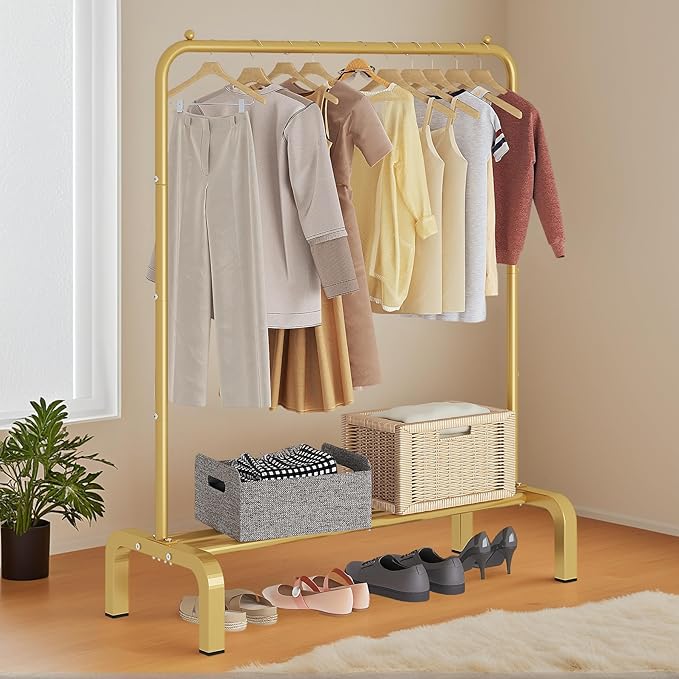 JIUYOTREE Standard Clothes Clothing Garment Rack with Storage Shelves Clothes Organizer for Hanging Clothes Coat Jacket Shirt Sweater Jeans Gold
