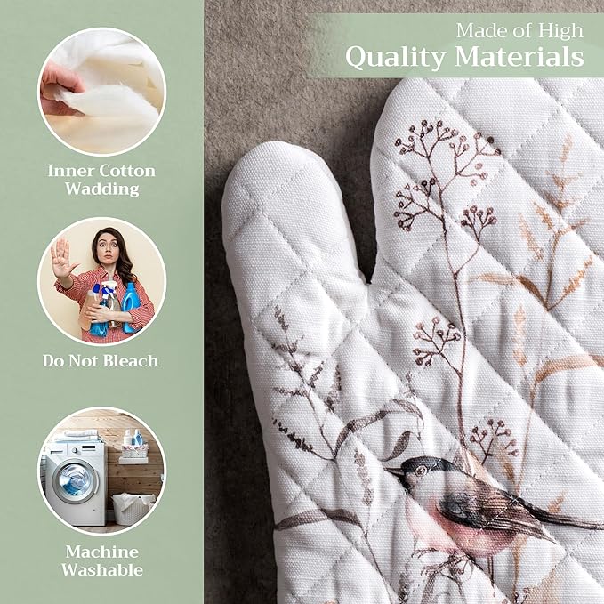 Maison d' Hermine Oven Gloves 100% Cotton Oven Mitt 7" x 13" with Loop Heat Resistant, BBQ, Cooking Gloves, Grilling, Kitchen, Handling Hot Pans Spring/Summer (Pack of 1, Meadow Florals - Brown)