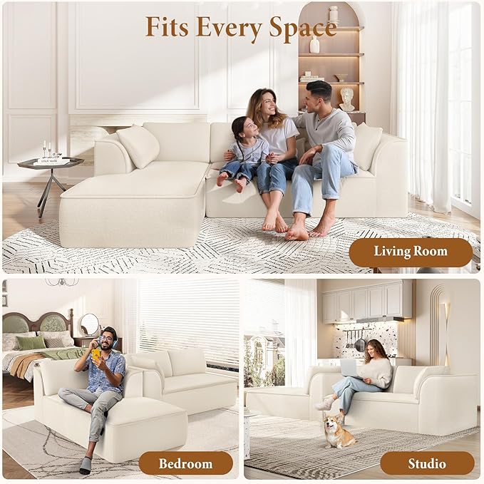 Vesgantti 106" Cloud Couch Sectional Modular Sofa, Deep Seat Comfy Cloud Couch Chenille Memory Foam Sofa Modular Couches for Living Room Bedroom, No Assembly Required (Beige, Left-Facing Chaise)