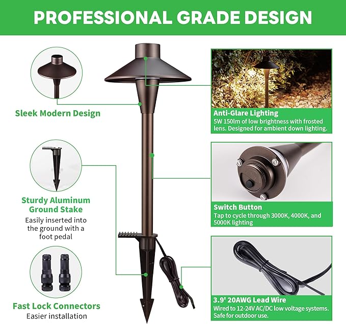 LED Pathway Lights Wired, 12V Landscape Path Lights 3000K/4000K/5000K Adjustable, Low Voltage Outdoor Waterproof, 5W 150LM ORB Aluminum for Lawn Garden 8 Pack