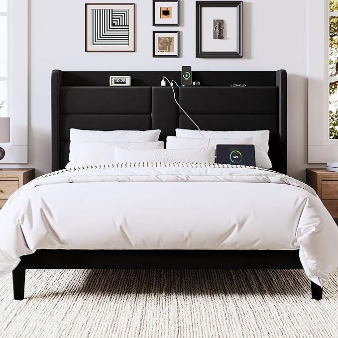 Allewie Full Size Platform Bed Frame with Charging Station & Storage Headboard, Upholstered Velvet Wingback Design & USB Port, Strong Wooden Slats Support, No Box Spring Needed, Easy Assembly, Black