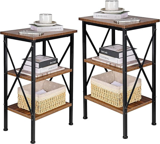 VECELO Versatile Side/End Table with Storage Shelf Nightstands for Living Room,Bedroom Furniture (Set of 2), Shelves, Retro Brown