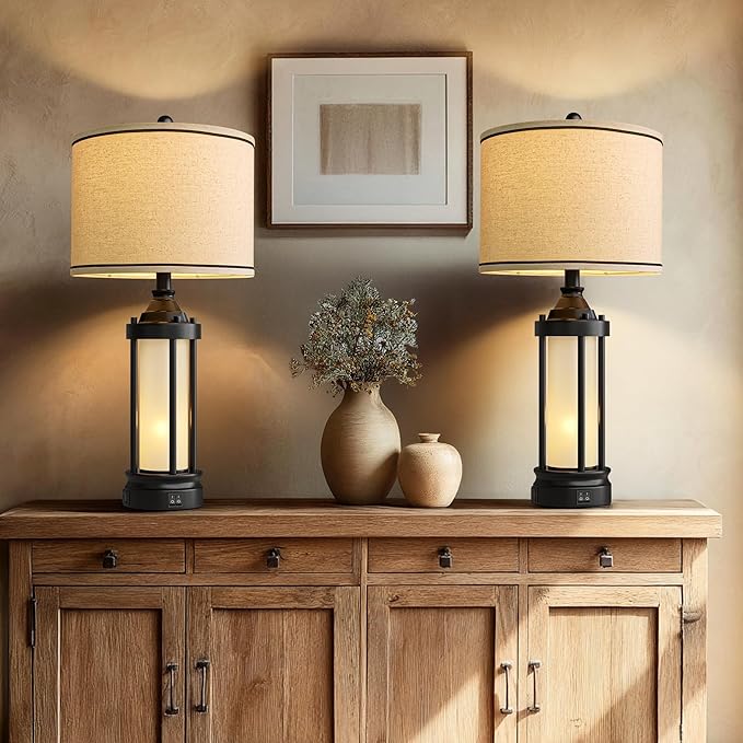 25'' Table Lamps for Bedroom Living Room Lamps Set of 2 Farmhouse Nightstand Bedside Lamps with USB Ports, Built-In Frosted Glass Night Light Industrial Metal Night Stand Lamp, Bulbs Included, Black