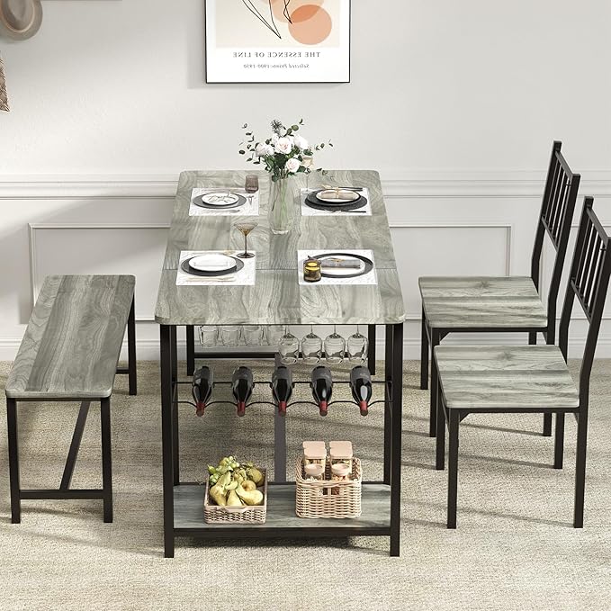 4 EVER WINNER Dining Room Table Set for 4, 55" Kitchen Table Set with Storage Shelf, Wine Rack & Wine Glasses Holder, Dining Table Set with 2 Chairs and Bench for Dining Room, Kitchen, Grey