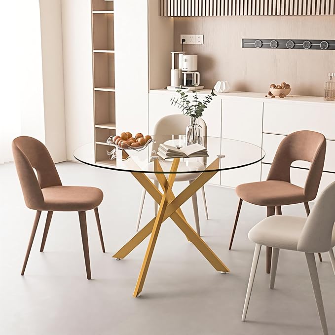 47.24" Round Glass Dining Table Modern Kitchen Glass Top Table for 6 with Gold Metal Legs, Clear Dining Table Kitchen Table for Home Office Dining Room