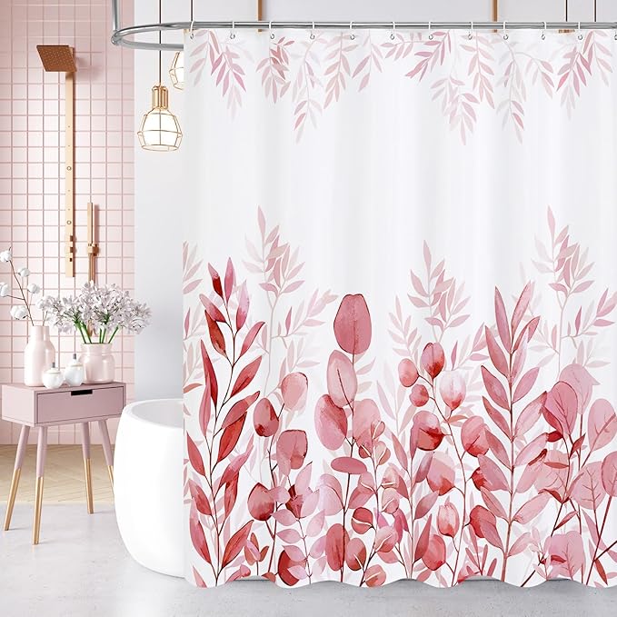 MitoVilla Pink Eucalyptus Shower Curtain, Plant Leaves Vintage Fabric Shower Curtains for Rustic Bathroom Decor, Chic Modern Botanical Shower Curtain, 72x72